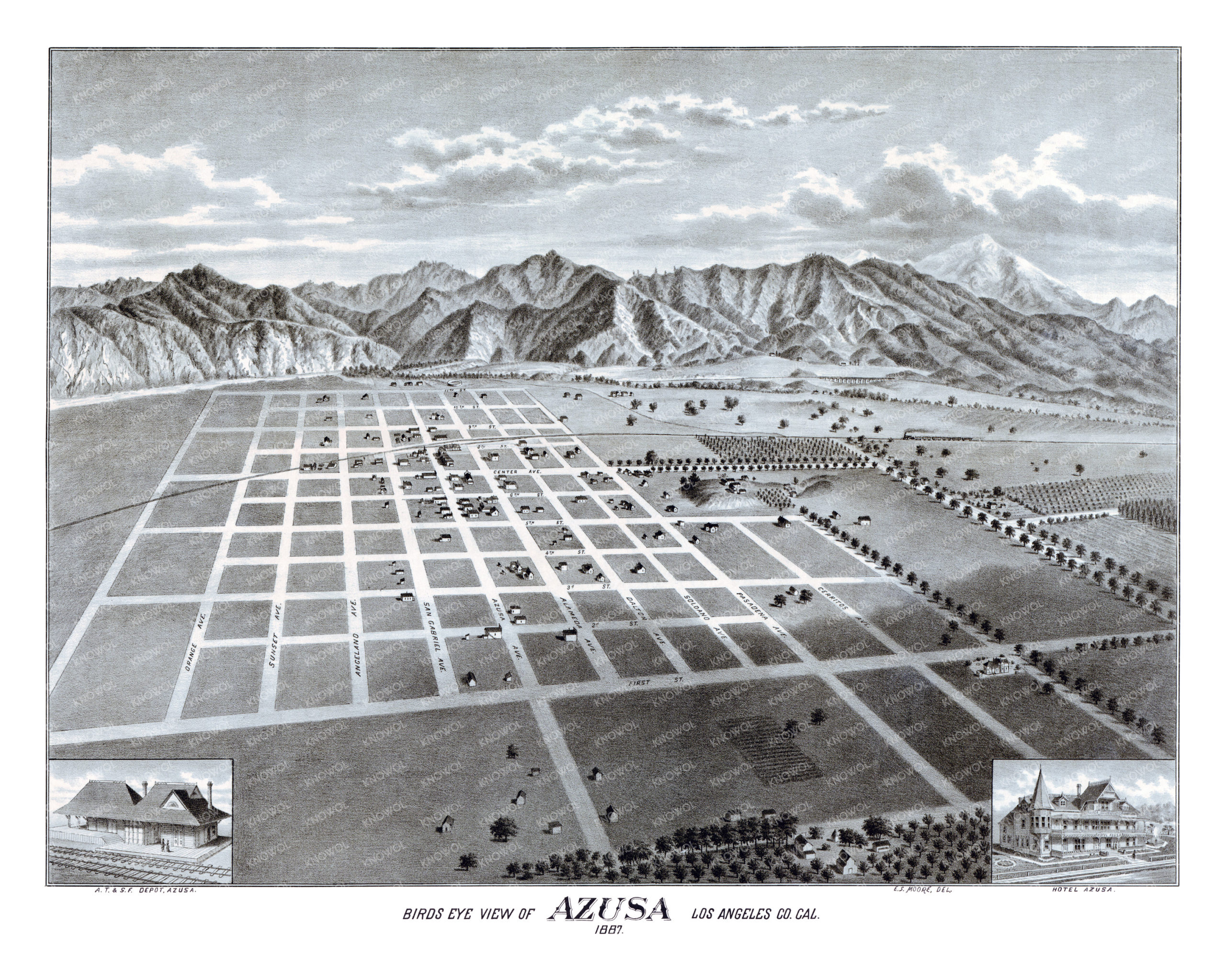 Restored map of Azusa, California from 1887