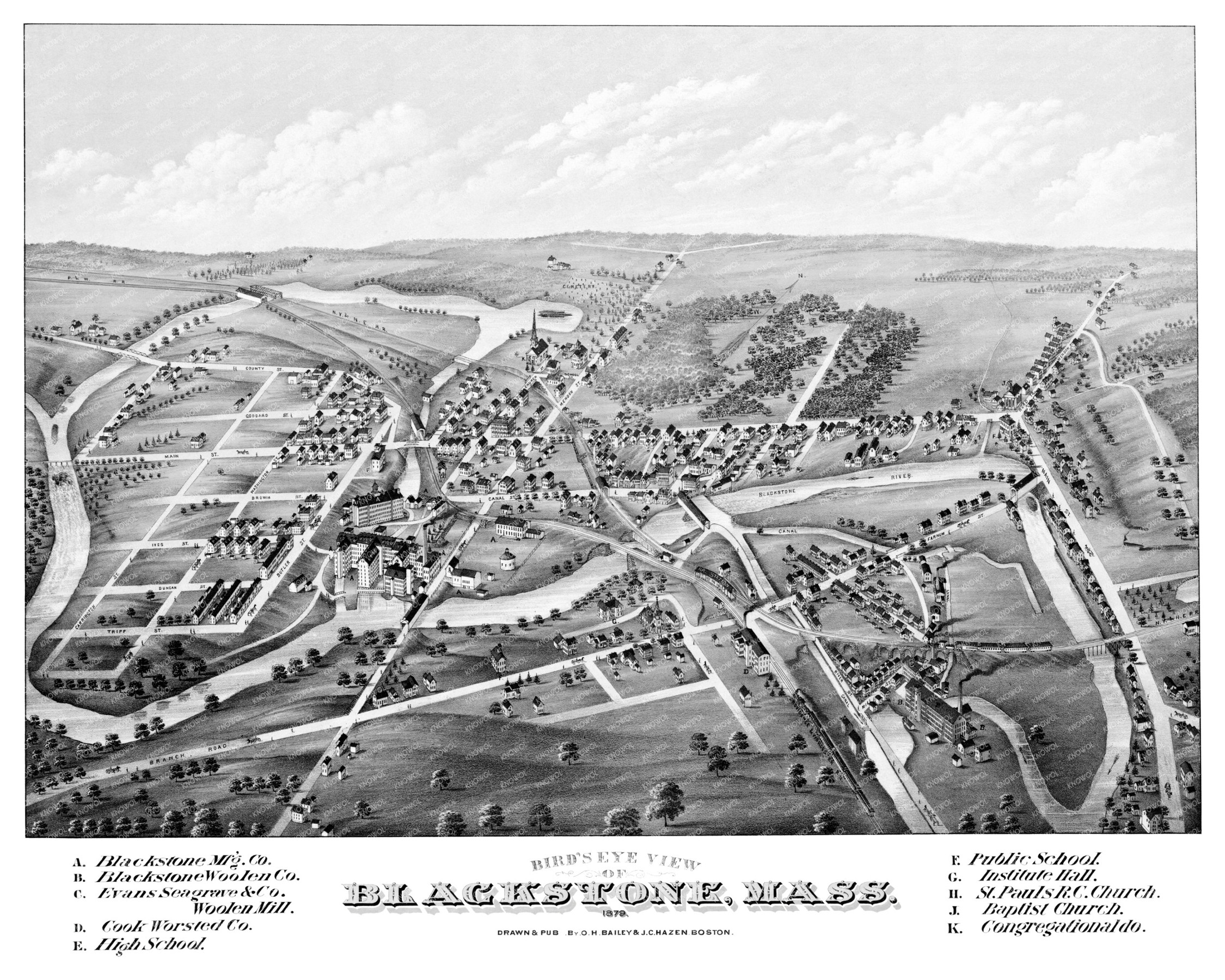 Restored map of Blackstone, MA from 1879