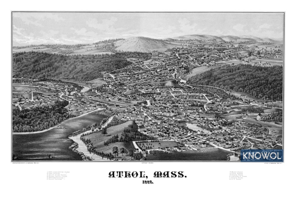 Bird's-eye view map of Athol, Massachusetts from 1887 by Lucien Burleigh, restored by KNOWOL
