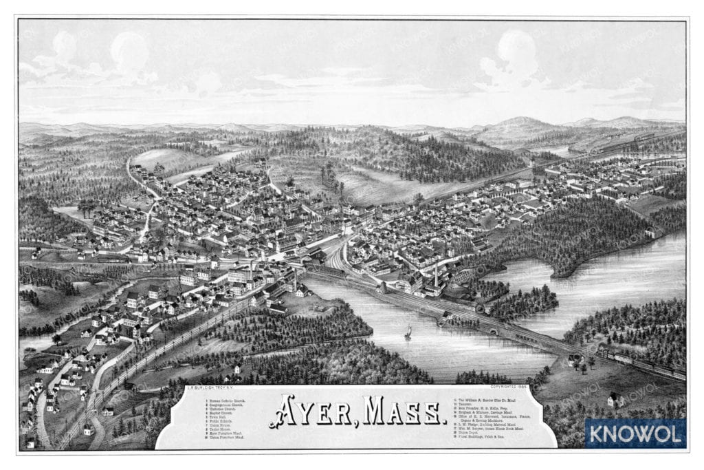 Bird's-eye view map of Ayer, Massachusetts from 1886 by Lucien Burleigh, restored by KNOWOL