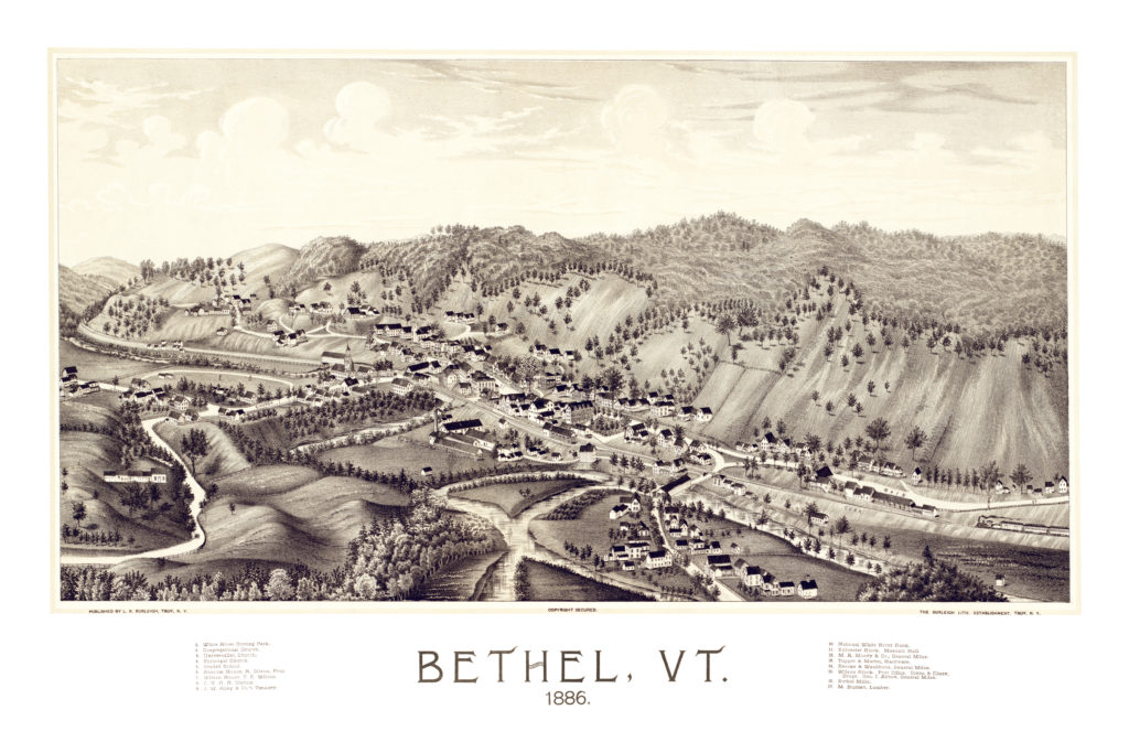 Beautiful old map shows bird's eye view of Bethel, VT in 1886