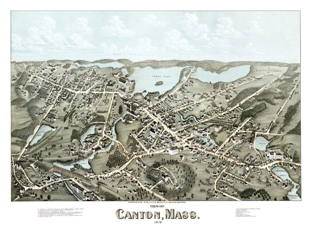 Restored bird's eye view of Canton, MA from 1878