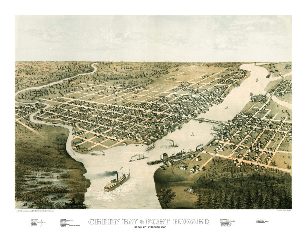 Restored map of Green Bay, Wisconsin from 1867