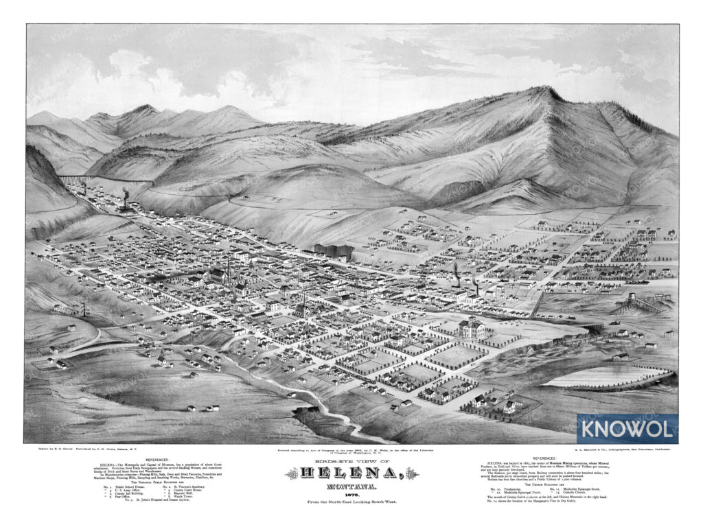 Text on the map reads: HELENA - The Metropolis and Capital of Montana, has a population of about 6,000 inhabitants.