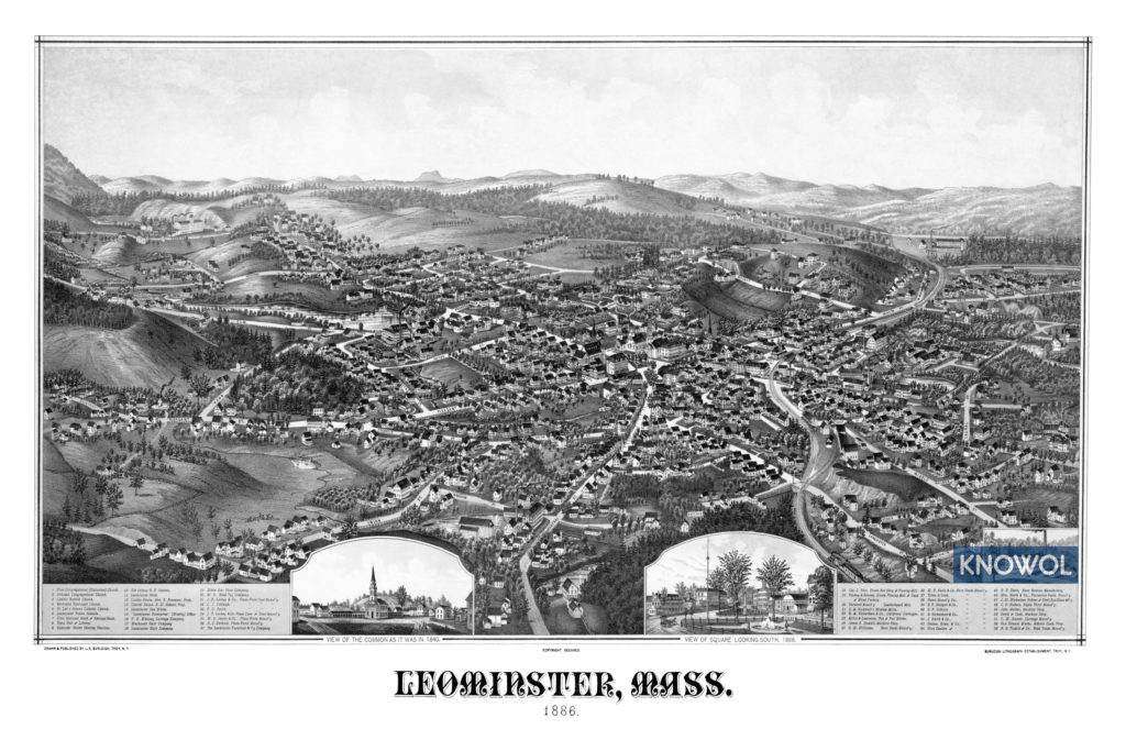 Bird's-eye view map of Leominster, Massachusetts from 1886 by Lucien R. Burleigh, restored by KNOWOL