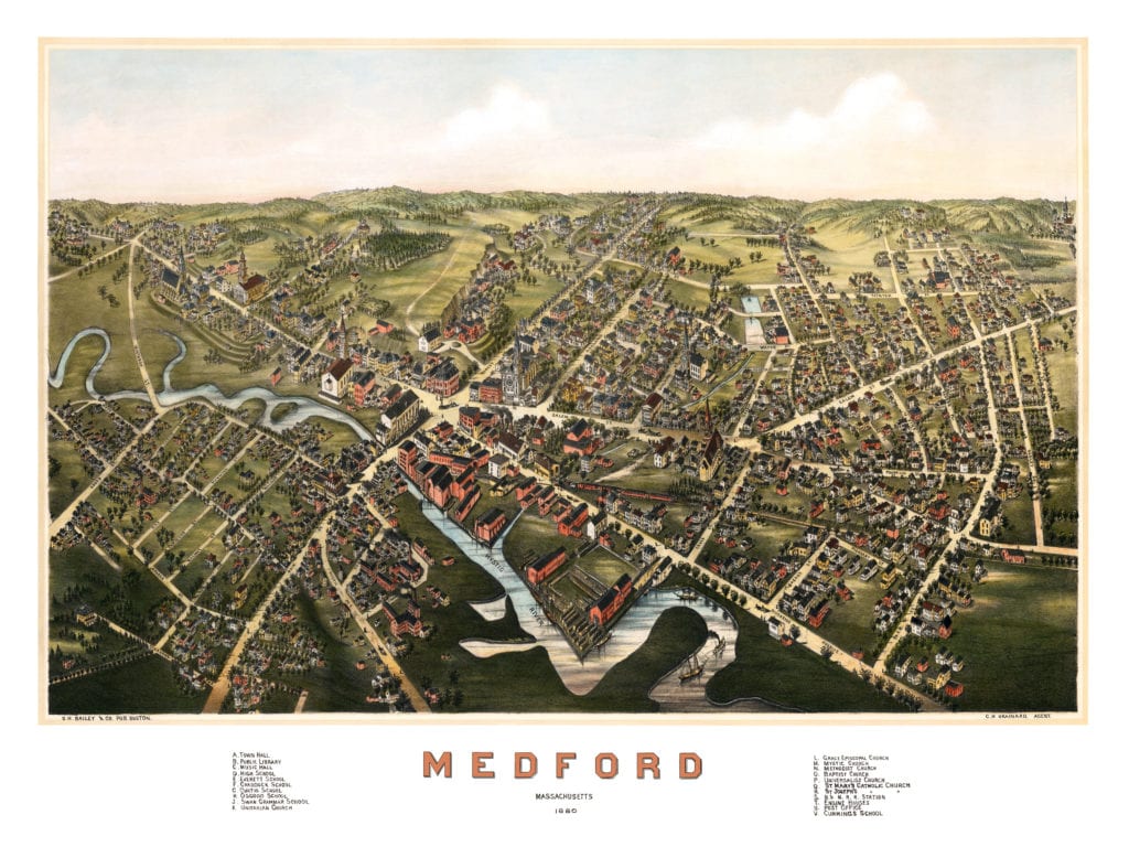 Bird's-eye view map of Medford, Massachusetts from 1880 by O.H. Bailey, restored by KNOWOL