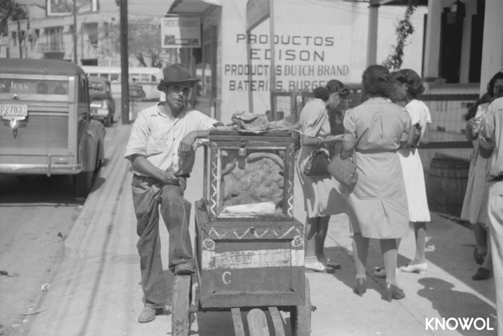 Street vendor selling pork products on a street in Santurce, Puerto Rico.