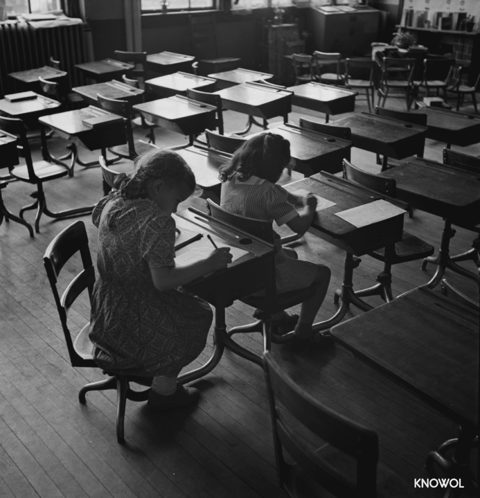 Two girls finishing their schoolwork before the final bell.