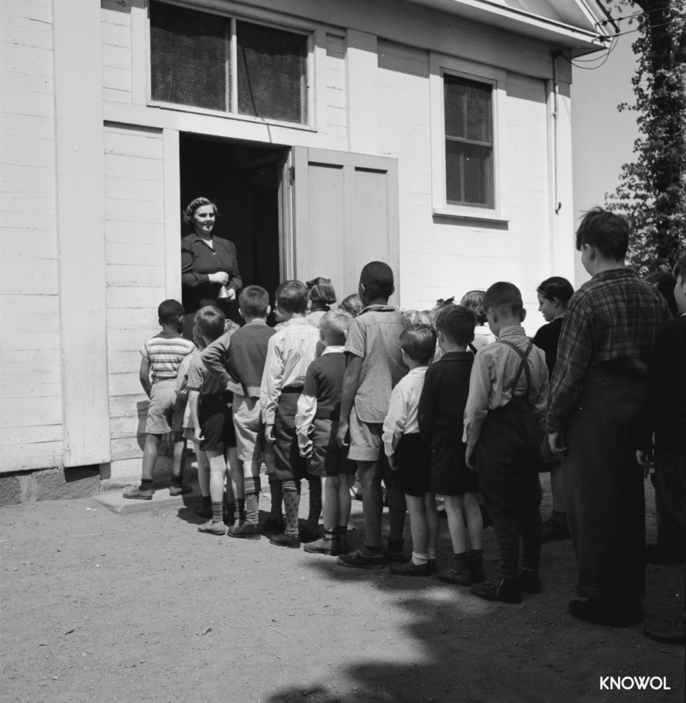 Schoolchildren lining up to enter their one room schoolhouse.