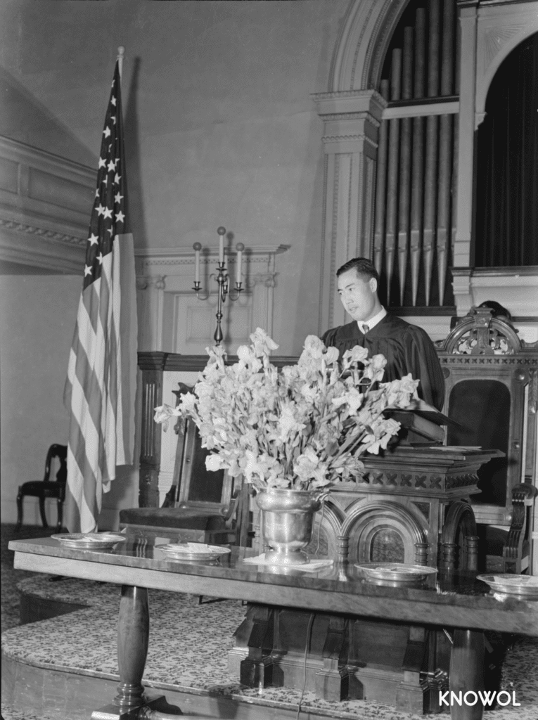 Reverend Wei Yung-ching, a visiting minister who formerly was mayor of the Chinese city of Tsing delivering a sermon.
