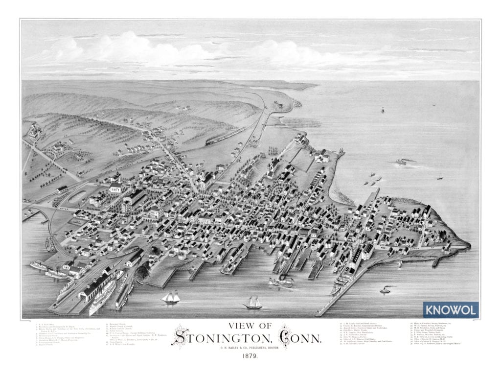 Bird's-eye view map of Stonington, Connecticut from 1879 by O.H. Bailey, restored by KNOWOL