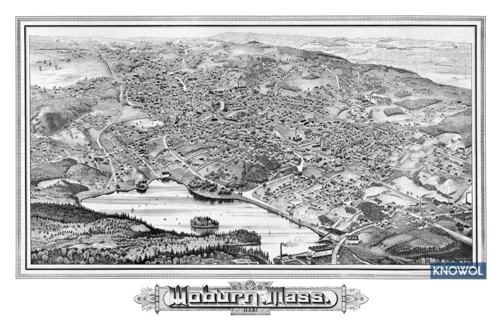 Bird's-eye view map of Woburn, Massachusetts in 1883 by Lucien Burleigh, restored by KNOWOL