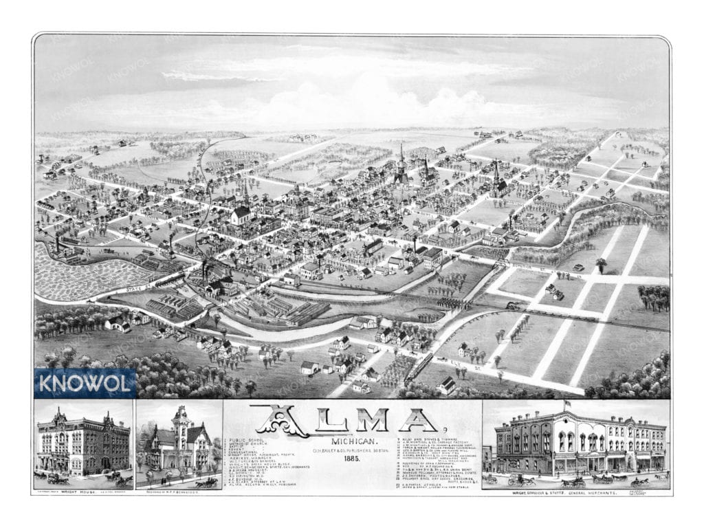 Detailed bird's eye view of Alma, Michigan in 1885