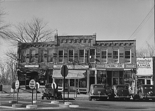 The old square in Colchester had a package store, a pharmacy and a small diner serving "Donuts, Lunch and Black Coffee".
