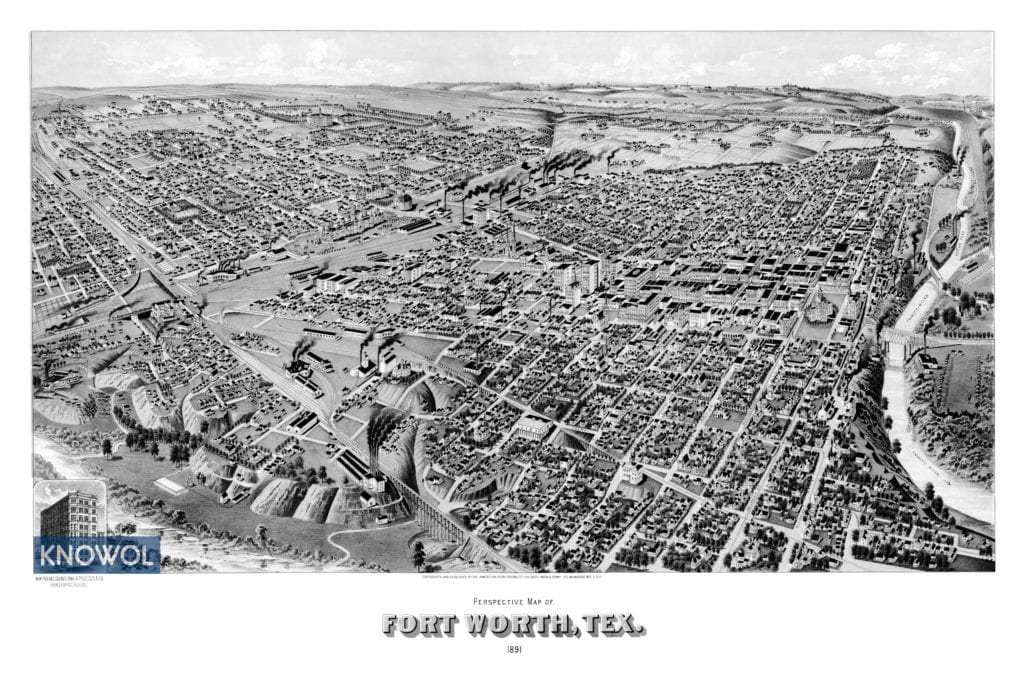 Historic bird's eye view of Fort Worth, Texas in 1891