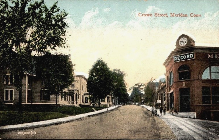 The building for the "Meriden Record" can be seen to the right, with a group of boys out front.