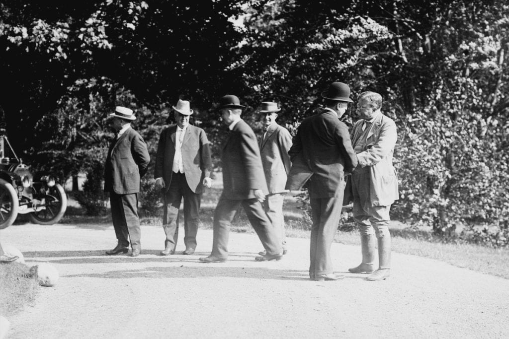 This picture shows President Theodore Roosevelt greeting visitors to his Sagamore Hill home in Oyster Bay, Long Island.