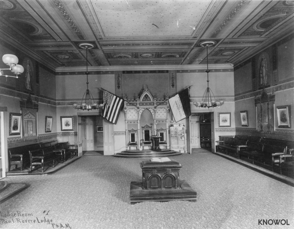 This photograph shows the Lodge Room of Paul Revere Lodge in Brockton, Massachusetts.