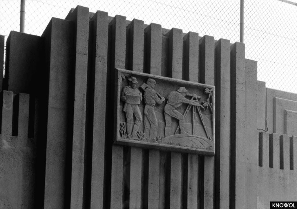 Cast bas-relief panel depicting engineers working on the Merritt Parkway.
