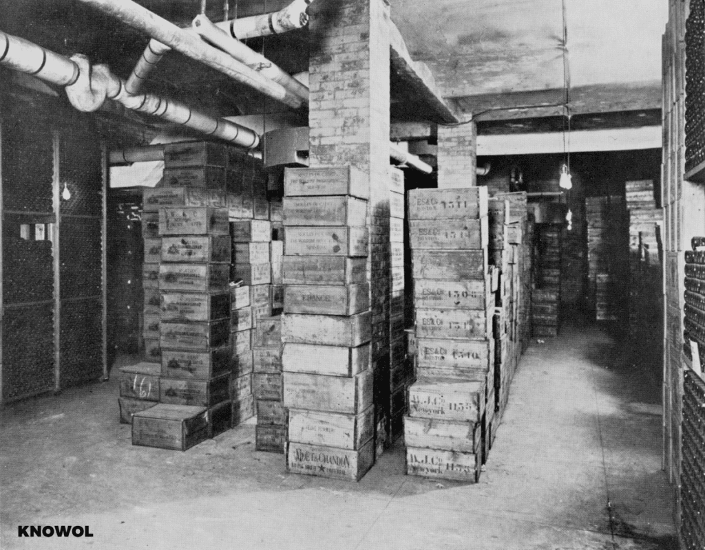 Wine cellar in the Waldorf Astoria, New York City, showing cases of wine.