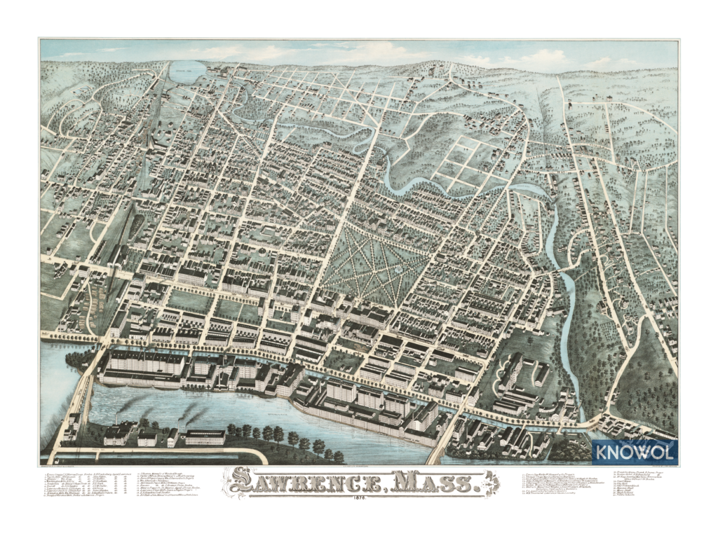 Bird's-eye map of Lawrence, Massachusetts from 1876 by J.C. Hazen, restored by KNOWOL