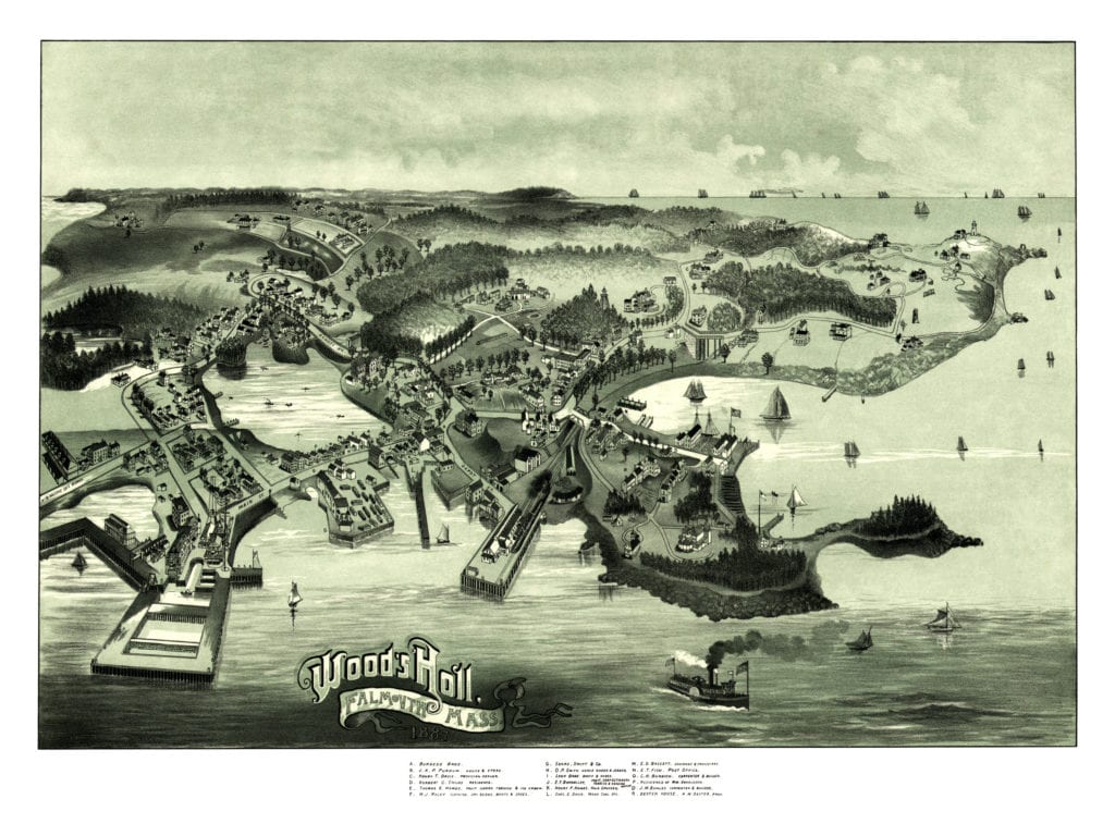 Bird's eye view of Woods Hole, Massachusetts from 1887