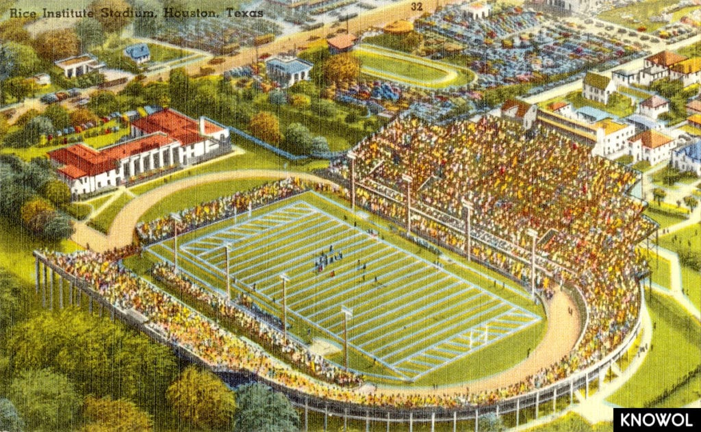 This postcard shows Rice's football stadium as it looked in the 1940's.