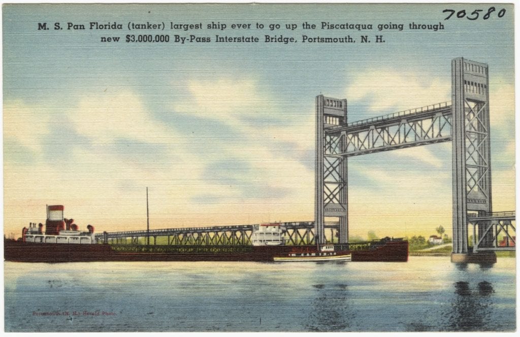 This picture shows how the bridge would raise to allow large boats to pass underneath.