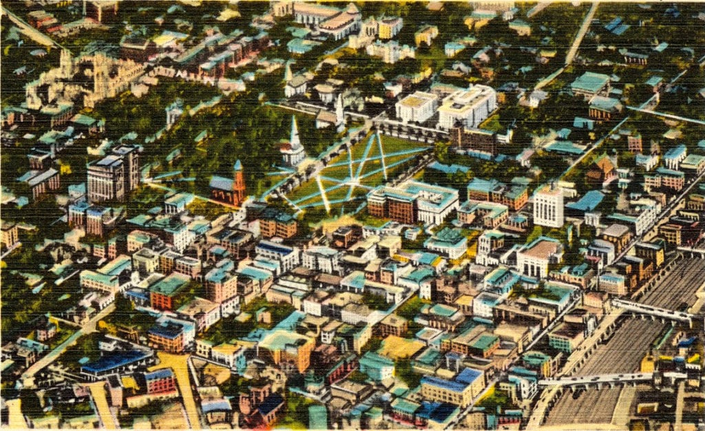 This picture provides a birds-eye view of downtown New Haven as it looked in the 1950's.
