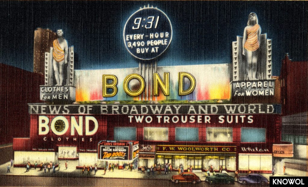 The Bond Sign spanned a full block, from 44th to 45th Street in Times Square.