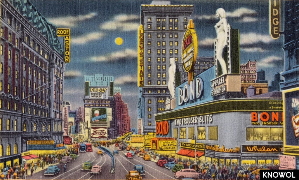 This image shows the same view of Times Square in 1948 as it would have looked at night.