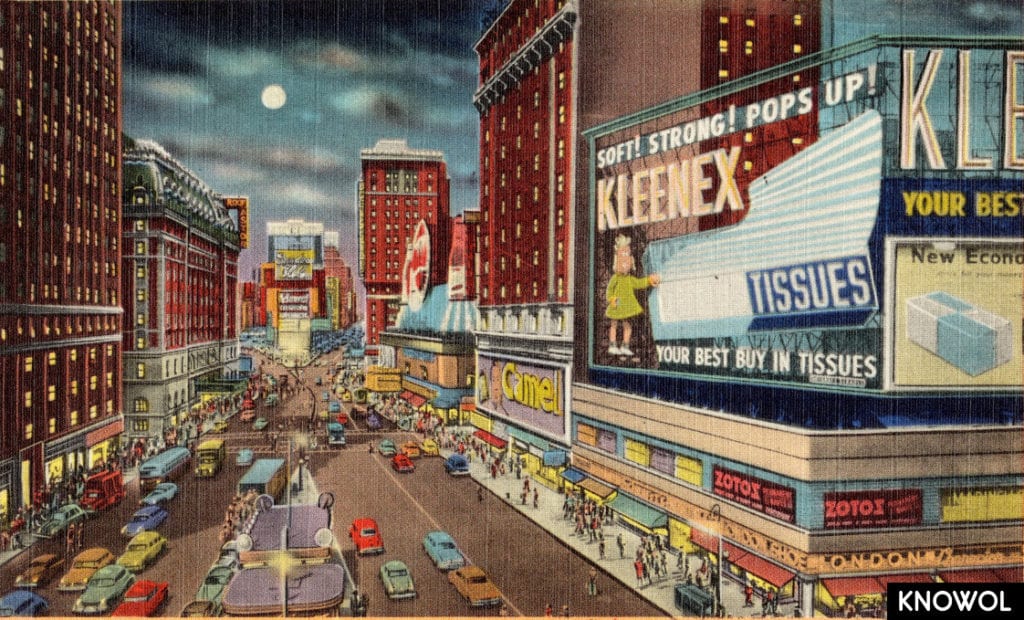 The Kleenex sign seen here was located between 45th and 46th Streets, atop a block of buildings now replaced by the Marriott