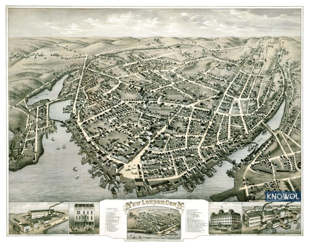 Restored map of New London, Connecticut from 1876