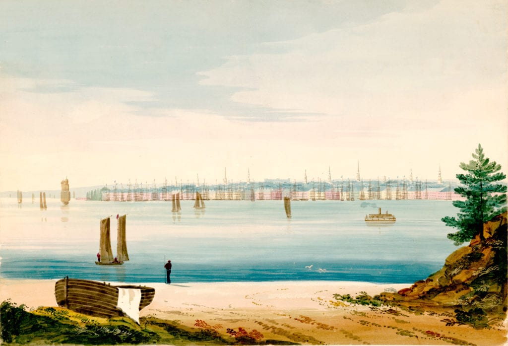 View of lower Manhattan from Brooklyn Strand in 1825