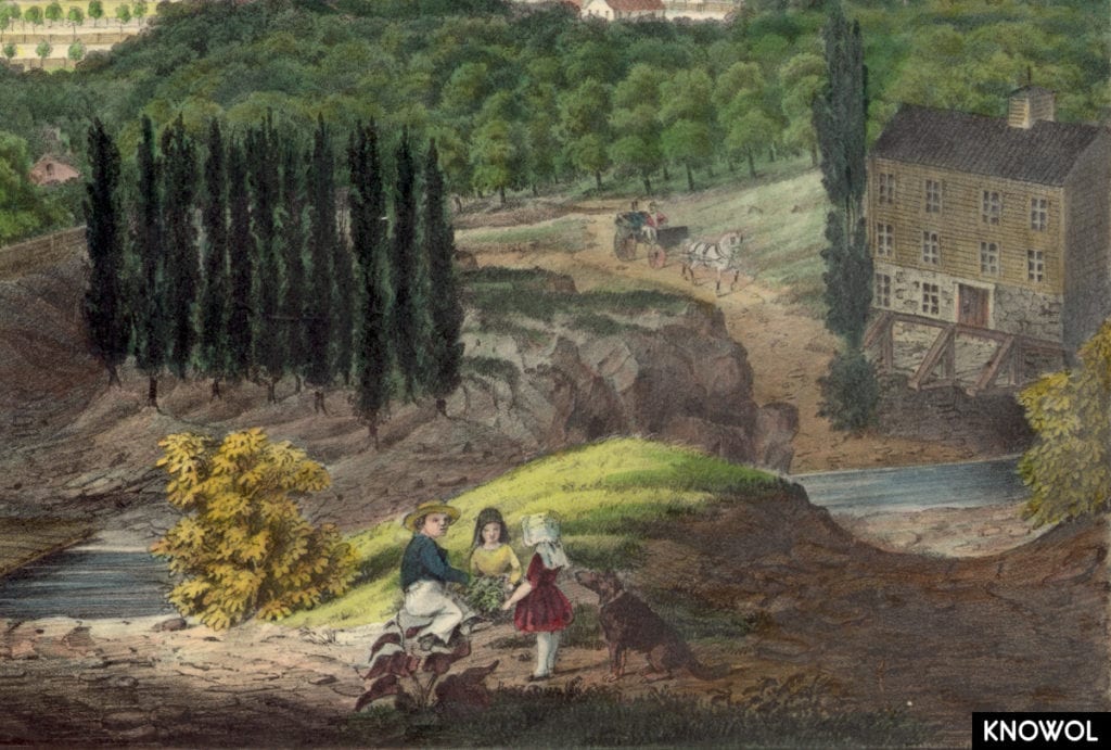 Cityscape view of Bridgeport, Connecticut from a nearby hill in 1857