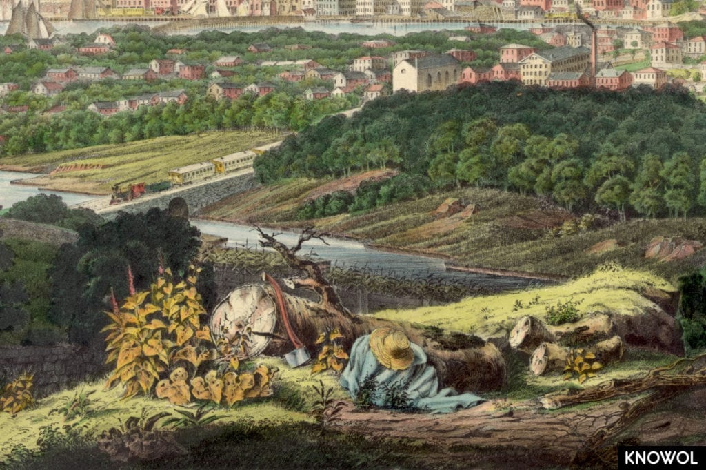Cityscape view of Bridgeport, Connecticut from a nearby hill in 1857