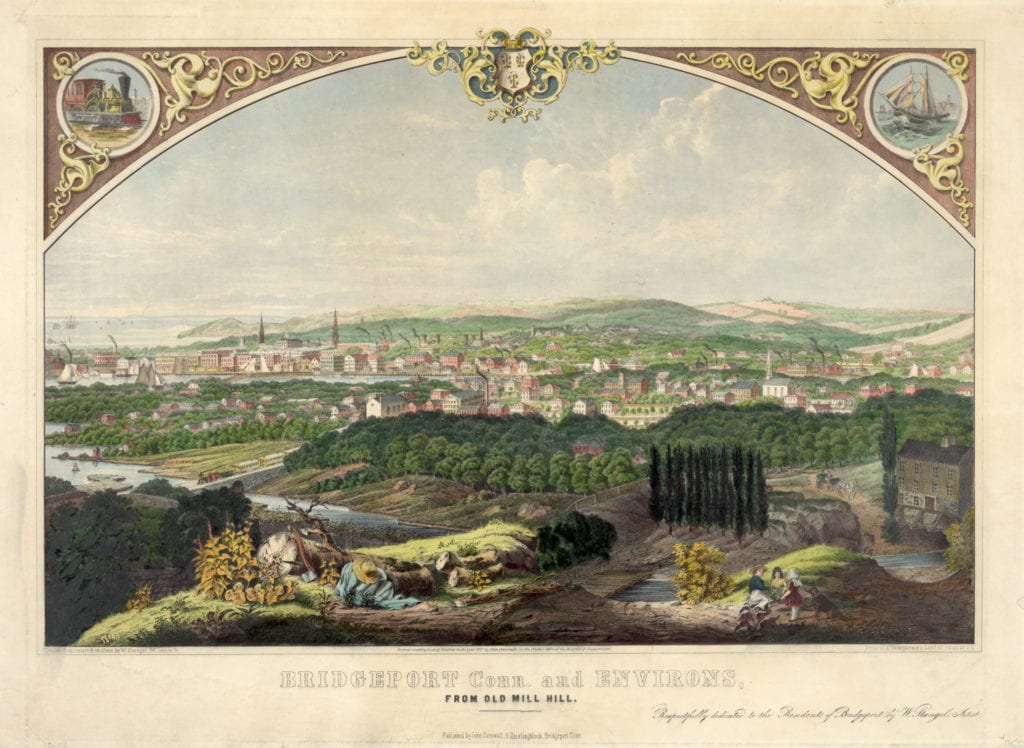 Cityscape view of Bridgeport, Connecticut from a nearby hill in 1857