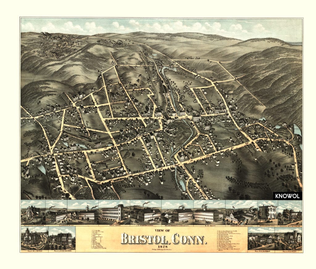 Beautiful old map of Bristol, Connecticut from 1878