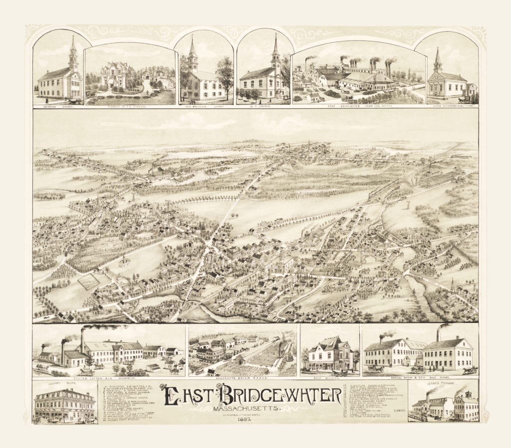 Map of East Bridgewater, Massachusetts from 1887, restored by KNOWOL
