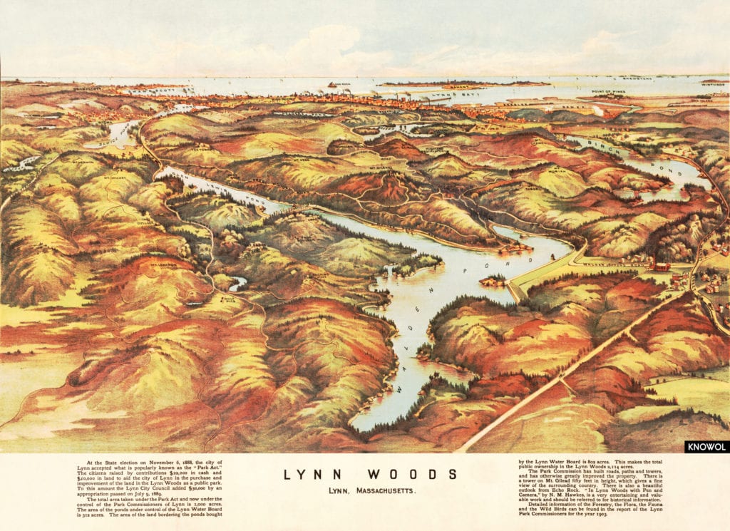 Vintage map of Lynn Woods in Lynn, Massachusetts from 1904 by George H. Walker, restored by KNOWOL