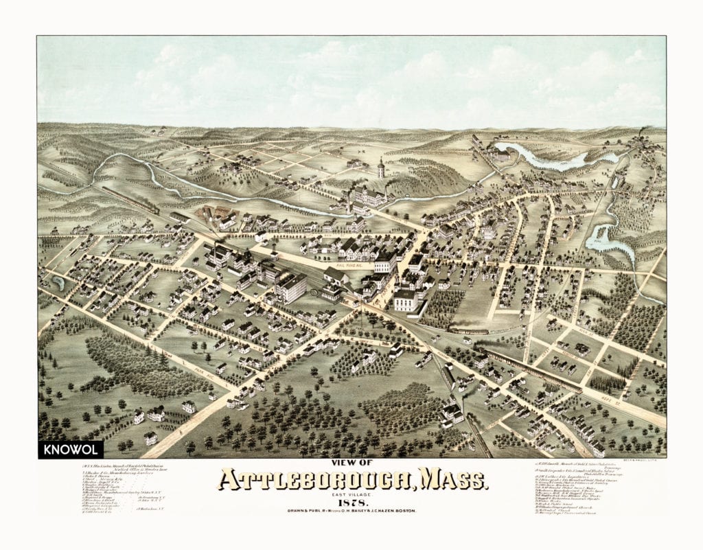 Old map of Attleboro, Massachusetts from 1878 by O.H. Bailey, restored by KNOWOL