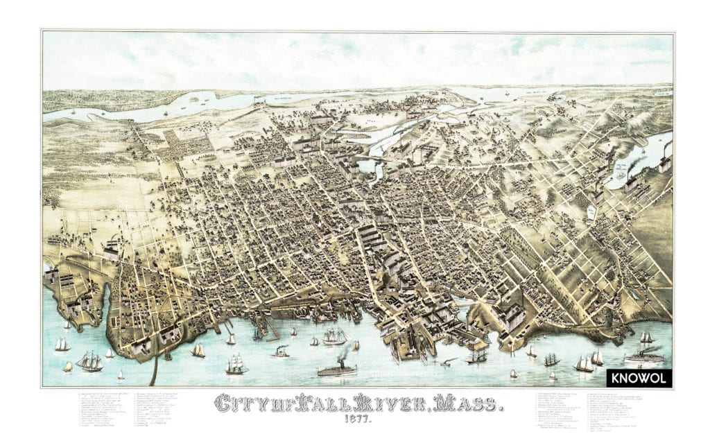 Old map of Fall River, Massachusetts from 1877 by J.C. Hazen, restored by KNOWOL