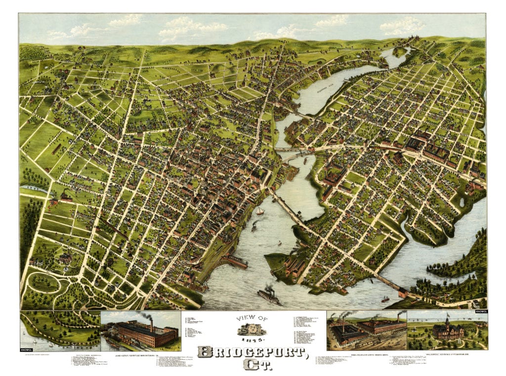 Bird's-eye view map of Bridgeport, Connecticut in 1875 by O.H. Bailey & Co., restored by KNOWOL