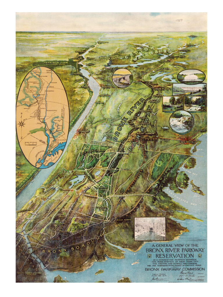Beautiful illustrated map of Bronx River Parkway from 1915