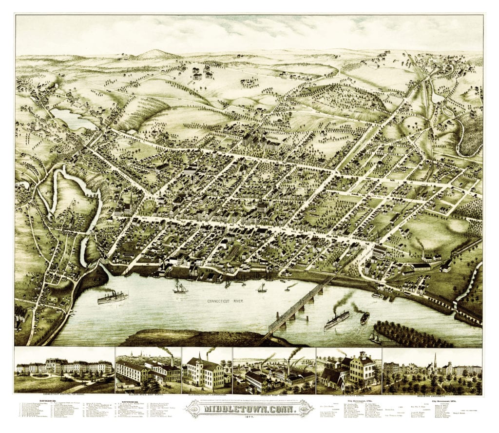 Bird's eye view of Middletown, Connecticut in 1877