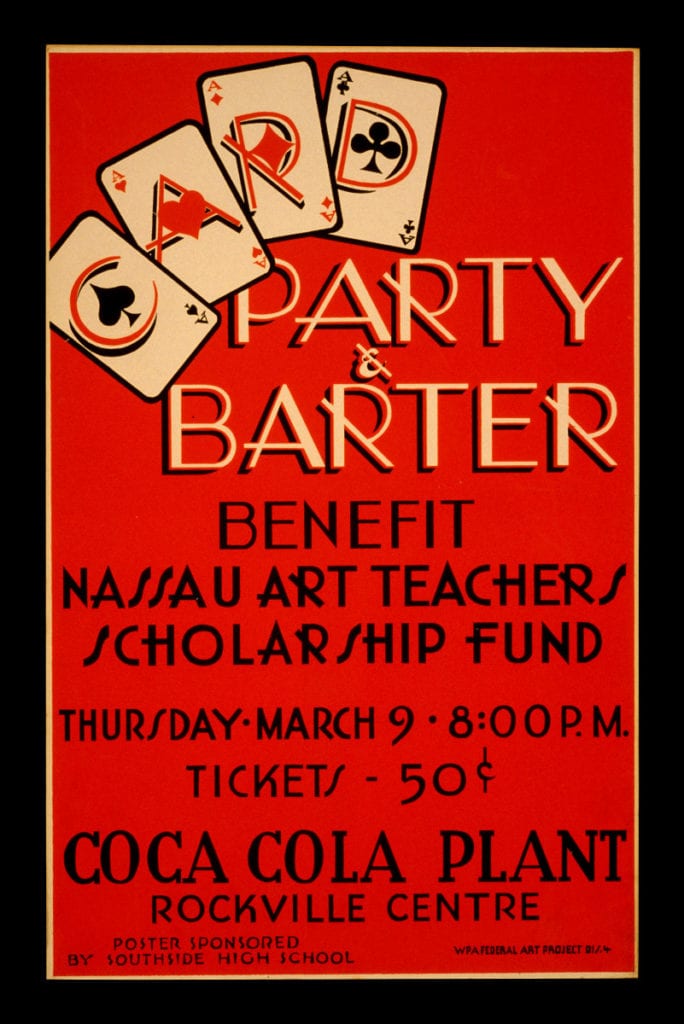 Poster advertises a "Card Party and Barter Benefit" for the Nassau Art Teachers Scholarship Fund.