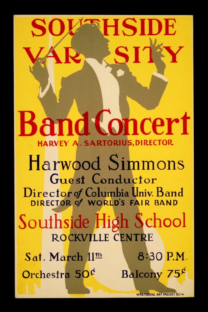 This WPA poster promoted a South Side Varsity Band Concert led by Harvey A. Sartorious, band director of the Rockville