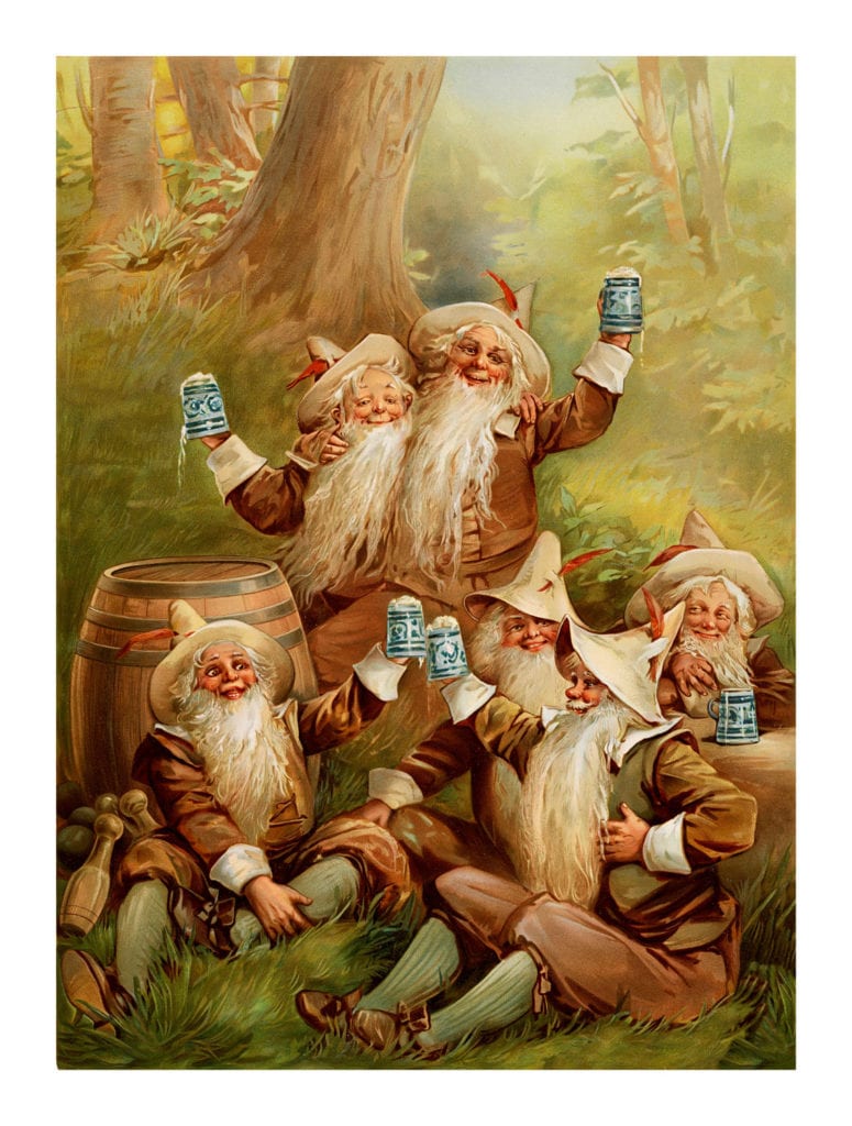 Six smiling bearded gnomes enjoying frosty beers in the grassy woods.