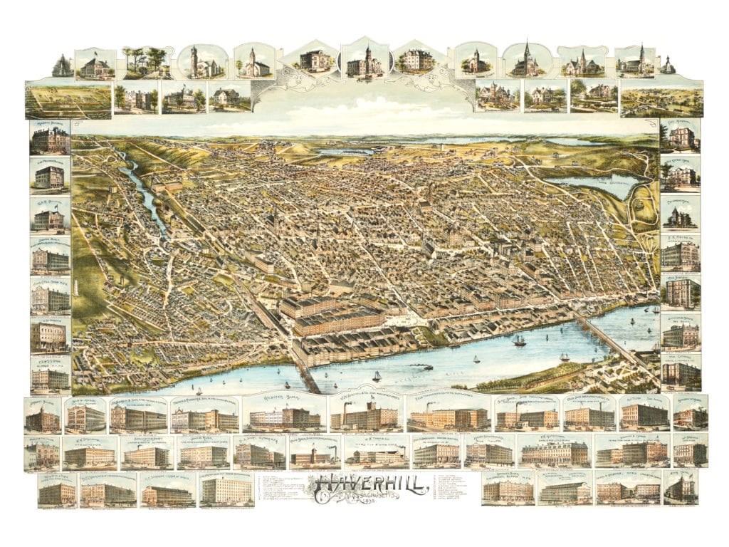 Bird's-eye view map of Haverhill, Massachusetts from 1893 by O.H. Bailey & Co., restored by KNOWOL