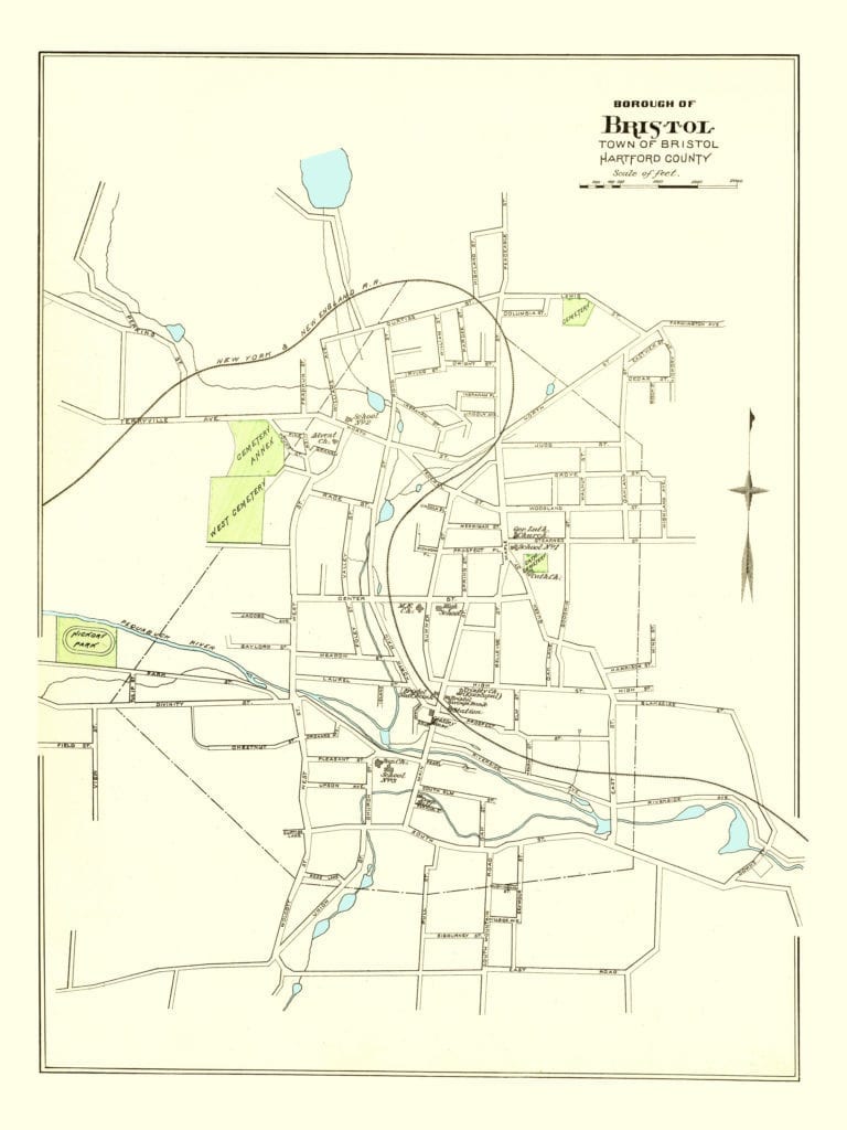 Hand colored map of Bristol, Connecticut from 1893